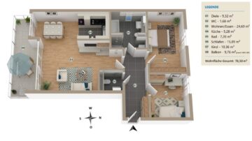 Neuwertige und schicke 3-Zimmer-Wohnung in Ramersdorf-Perlach mit Süd-Balkon - Grundriss - Visualisierung